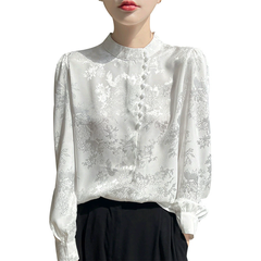 Áo Sơ Mi Nữ Tay Dài Phong Cách Trung Hoa - Cổ Đứng Dệt Jacquard, Cài Cúc Truyền Thống, Thanh Lịch