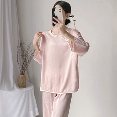 Bộ đồ ngủ dài tay quần dài cổ tròn, lụa băng, phong cách Giang Nam XINY DN108250