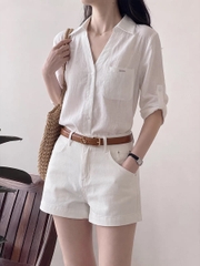 Áo Sơ Mi Vải Lanh Tay Lỡ Cổ V Dáng Rộng Phong Cách Old Money
