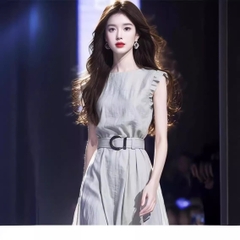Đầm cộc tay dáng suông màu xanh kèm belt chữ D phong cách Trung Hoa D305240