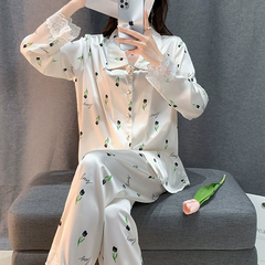 Bộ Đồ Ngủ Lụa Băng Mới Cho Nữ Phong Cách Xuân Hè Cao Cấp, Dài Tay Ren DN152250