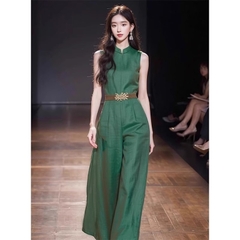 Jumpsuit cộc tay dáng suông màu xanh kèm belt phong cách Trung Hoa D246240