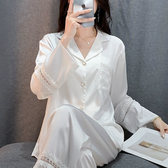Bộ Đồ Ngủ Lụa Băng Mùa Xuân Thu, Mặc Ngoài Ren Đôi Quần Dài Tay Đơn Giản DN155250