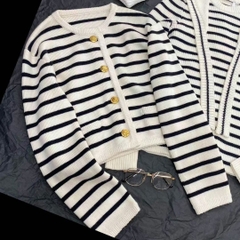 Áo khoác Cardigan len dệt kim kẻ sọc cổ tròn kiểu pháp xu hướng thu đông D316240