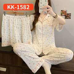 Bộ Đồ Ngủ Nữ Vải Nhăn 3 Món Tay Ngắn - Họa Tiết Nơ Ngọt Ngào Phong Cách Hàn