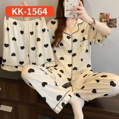 Bộ Đồ Ngủ Nữ Vải Nhăn 3 Món Tay Ngắn - Họa Tiết Nơ Ngọt Ngào Phong Cách Hàn