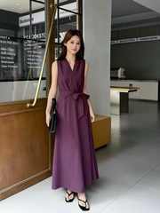 Đầm không tay cổ V tôn eo phong cách Pháp B211