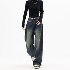 Quần jeans ống rộng cap cao chun dáng suông phong cách cổ điển QJ024250