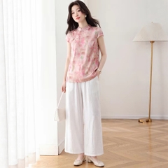 Set 2 món tân trung hoa: Áo sa tanh dệt hoa văn + Quần ống rộng B591
