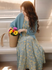 Váy hoa xanh phong cách Hàn Quốc, cardigan cao cấp khí chất sang trọng D106250