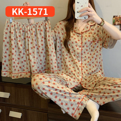 Bộ Đồ Ngủ Nữ Vải Nhăn 3 Món Tay Ngắn - Họa Tiết Nơ Ngọt Ngào Phong Cách Hàn