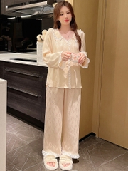 Bộ đồ ngủ phong cách mới tay dài quần dài lụa băng vải jacquard cao cấp XINY DN113250