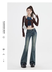 Quần jeans ống loe cạp trễ cổ điển phong cách Mỹ thêu họa tiết QJ030250