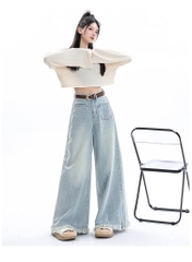 Quần Jean Nữ Ống Rộng Phong Cách Retro Mỹ, Gấu Sơ Vin, Cạp Cao, Dáng Suông Tôn Dáng, Thiết Kế Mới QJ060250