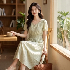 Đầm cổ V đính ngọc trai chất lyocell B0242