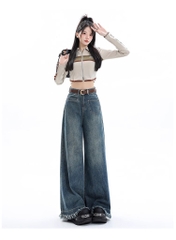 Quần Jean Nữ Ống Rộng Phong Cách Retro Mỹ, Gấu Sơ Vin, Cạp Cao, Dáng Suông Tôn Dáng, Thiết Kế Mới QJ060250