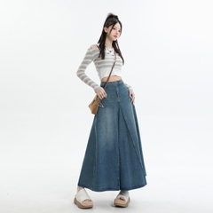 Váy denim xòe retro dáng chữ A xẻ tà cạp cao dáng dài XINY QJ046250
