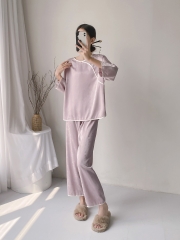 Bộ đồ ngủ dài tay quần dài cổ tròn, lụa băng, phong cách Giang Nam XINY DN108250