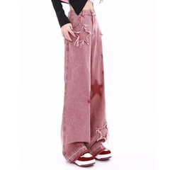 Quần jeans màu hồng họa tiết ngôi sao ống rộng thêu họa tiết dáng suông QJ025250