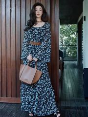 Đầm Voan Hoa Nhí Dáng Chữ A Kiểu Pháp Vintage - Tay Dài Cổ Chữ U, Kèm Thắt Lưng