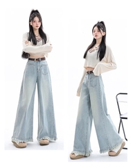 Quần Jean Nữ Ống Rộng Phong Cách Retro Mỹ, Gấu Sơ Vin, Cạp Cao, Dáng Suông Tôn Dáng, Thiết Kế Mới QJ060250