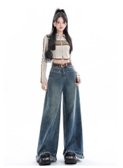 Quần Jean Nữ Ống Rộng Phong Cách Retro Mỹ, Gấu Sơ Vin, Cạp Cao, Dáng Suông Tôn Dáng, Thiết Kế Mới QJ060250