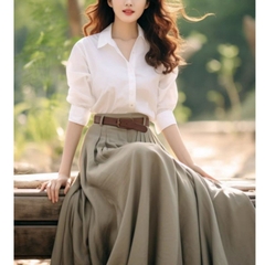 Set đầm áo sơ mi và chân váy kèm belt voan phong cách Hàn Quốc D498240