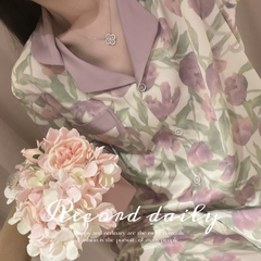 Bộ Đồ Ngủ Pijama Nữ Lụa Băng Kiểu Pháp - Áo Cổ Bẻ Dài Tay In Họa Tiết Phối Quần Dài, Nhiều Họa Tiết