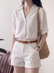 Áo Sơ Mi Vải Lanh Tay Lỡ Cổ V Dáng Rộng Phong Cách Old Money