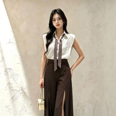 Set 2 món: Áo sơ mi không tay + Quần ống rộng xẻ tà phong cách Pháp B613