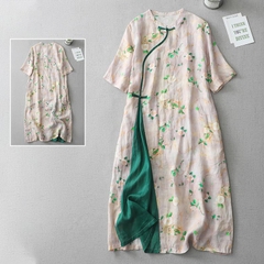 Đầm Cotton Lanh Họa Tiết Hoa Cải Tiến Sườn Xám Dáng Dài Che Bụng Size Lớn