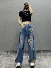 Quần jean rách gối phối sơn cạp cao ống rộng dáng suông dài phong cách HIP HOP QJ018250