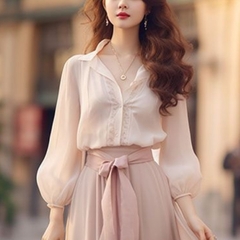 Set đầm áo sơ mi và chân váy kèm belt voan phong cách Hàn Quốc D499240