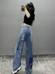 Quần jean rách gối phối sơn cạp cao ống rộng dáng suông dài phong cách HIP HOP QJ018250