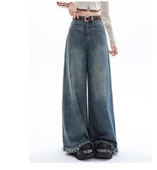 Quần Jean Nữ Ống Rộng Phong Cách Retro Mỹ, Gấu Sơ Vin, Cạp Cao, Dáng Suông Tôn Dáng, Thiết Kế Mới QJ060250