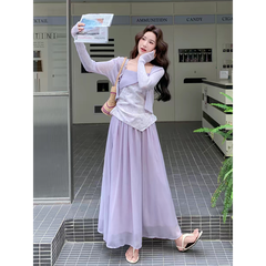 Set 3 món: Áo khoác + Áo hai dây dệt hoa + Chân váy B225