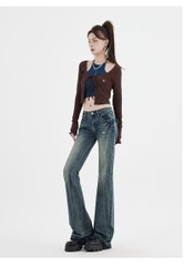 Quần jeans ống loe cạp trễ cổ điển phong cách Mỹ thêu họa tiết QJ030250