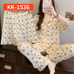 Bộ Đồ Ngủ Nữ Vải Nhăn 3 Món Tay Ngắn - Họa Tiết Nơ Ngọt Ngào Phong Cách Hàn