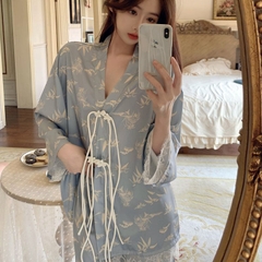 Bộ đồ ngủ lụa băng phong cách Trung Hoa màu xanh cổ điển thanh lịch XINY DN104250