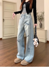Quần Jean Nữ Size Lớn Thêu Chữ, Dáng Suông Rộng, Cạp Cao, Che Khuyết Điểm Cho Dáng Quả Lê, Thoải Mái Thanh Lịch QJ059250