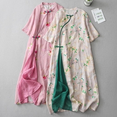 Đầm Cotton Lanh Họa Tiết Hoa Cải Tiến Sườn Xám Dáng Dài Che Bụng Size Lớn