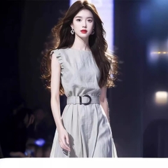 Đầm cộc tay dáng suông màu xanh kèm belt chữ D phong cách Trung Hoa D305240