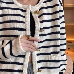 Áo khoác Cardigan len dệt kim kẻ sọc cổ tròn kiểu pháp xu hướng thu đông D316240