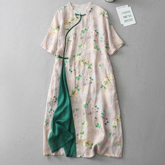 Đầm Cotton Lanh Họa Tiết Hoa Cải Tiến Sườn Xám Dáng Dài Che Bụng Size Lớn