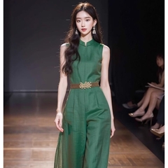 Jumpsuit cộc tay dáng suông màu xanh kèm belt phong cách Trung Hoa D246240