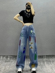 Quần jean rách gối phối sơn cạp cao ống rộng dáng suông dài phong cách HIP HOP QJ018250