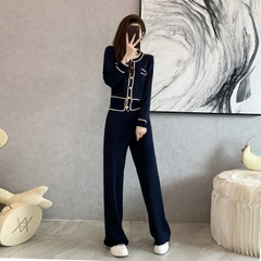 Bộ đồ nữ cao cấp áo cardigan quần ống rộng len dệt kim D521240