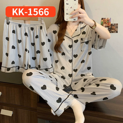 Bộ Đồ Ngủ Nữ Vải Nhăn 3 Món Tay Ngắn - Họa Tiết Nơ Ngọt Ngào Phong Cách Hàn