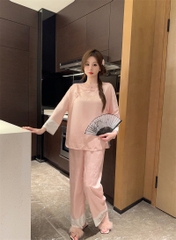Bộ đồ ngủ kiểu Trung Quốc thêu cúc lụa mỏng jacquard sang trọng và thoải mái XINY DN102250