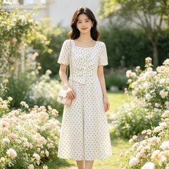Đầm cổ vuông xẻ tà giả 2 lớp phong cách Hàn B638